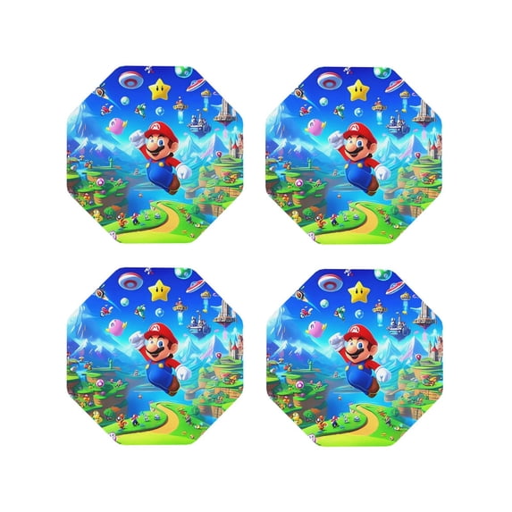 Lsque Mario Pattern 4" Drink Coasters Set of 4, PVC Leather Absorbent Coasters, Table Coaster Set Decorative Coffee Cup Coasters Housewarming Gift