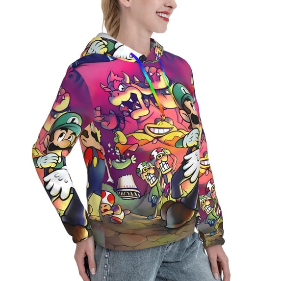 Lsque Mario Pattern Casual Women's Hoodie,Hooded Sweatshirt with Kangaroo Pocket,Pullover Hoodie with Eye-catching Drawstrings-Medium