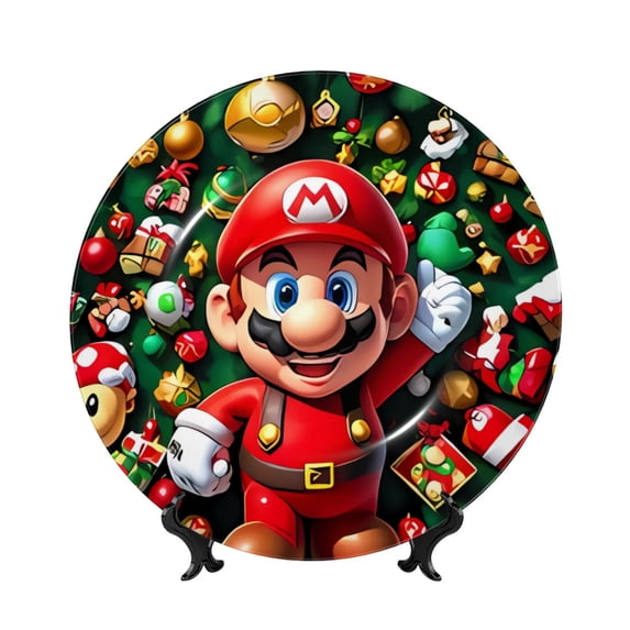 Lsque Mario Pattern Ceramic Decorative Plate Decorative Plates with Display Stand Personalized Porcelain Plate Ceramic Ornaments for Wall Hanging Decoration-6in