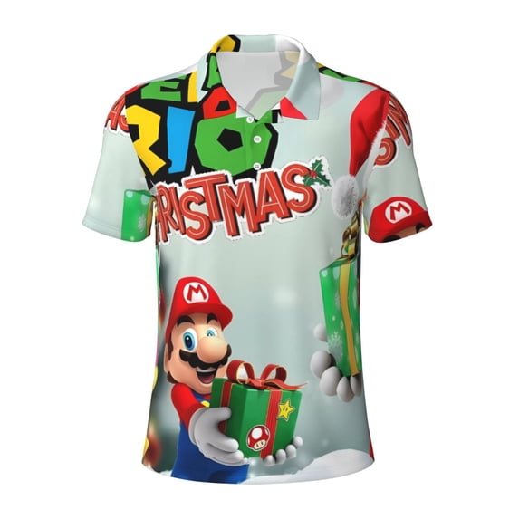 Lsque Mario Pattern Golf Shirts for Men Dry Fit Print Moisture Wicking Performance Short Sleeve Polo Shirt-Small