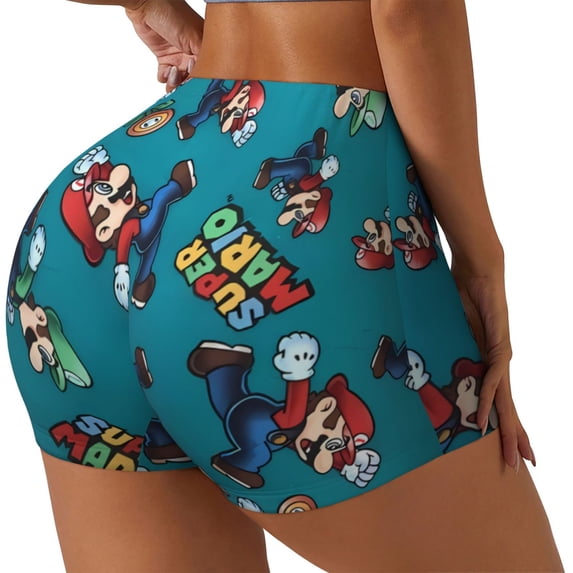 Lsque Mario Pattern High Waisted Biker Shorts for Women-Tummy Control Fitness Athletic Workout Running Yoga Gym Shorts,Moisture-Wicking-Large