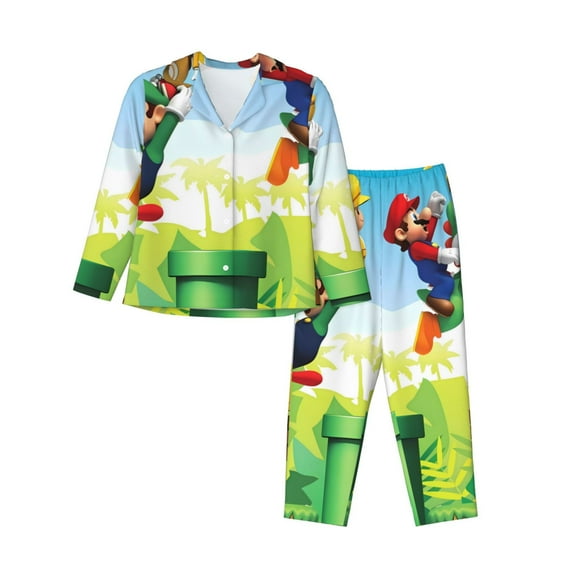 Lsque Mario Pattern Long Sleeve Pajama Set for Women - Soft 2-Piece Sleepwear and Loungewear Set with Pockets, Comfy Nightwear