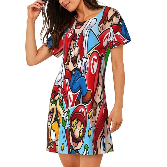 Lsque Mario Pattern Nightgowns for Women Sleep Shirts Short Sleeve Nightshirt Pullover Nightdress Soft Sleepwear Relaxed Fit Nightdress