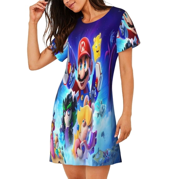 Lsque Mario Pattern Nightgowns for Women Sleep Shirts Short Sleeve Nightshirt Pullover Nightdress Soft Sleepwear Relaxed Fit Nightdress