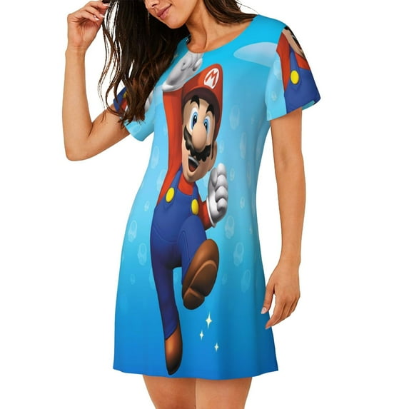 Lsque Mario Pattern Nightgowns for Women Sleep Shirts Short Sleeve Nightshirt Pullover Nightdress Soft Sleepwear Relaxed Fit Nightdress