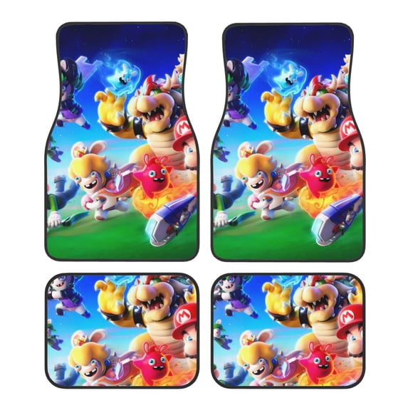 Lsque Mario Print 4-Piece Floor Mats, Heavy-Duty Rubber Liners, Anti-Slip Design, All-Season Automotive Protection, Vehicles, Cars, Trucks, and SUVs