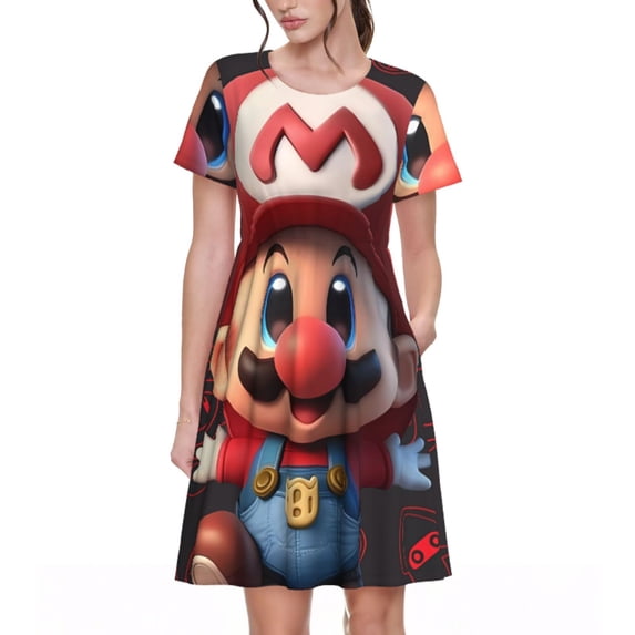 Lsque Mario Print Women's Casual Dress T-Shirt Summer Short Sleeve Scoop Neck Swing Dresses