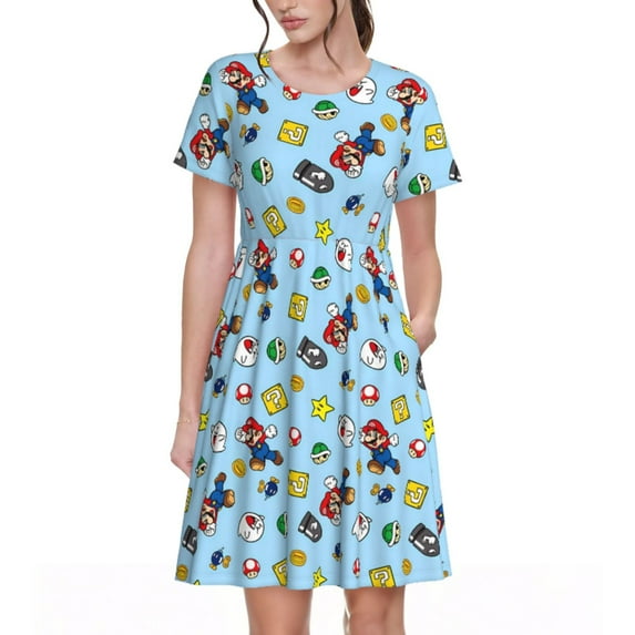 Lsque Mario Print Women's Casual Dress T-Shirt Summer Short Sleeve Scoop Neck Swing Dresses