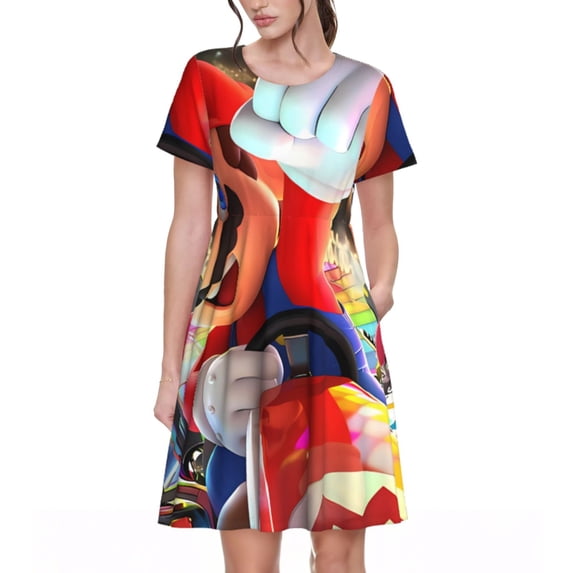 Lsque Mario Print Women's Casual Dress T-Shirt Summer Short Sleeve Scoop Neck Swing Dresses