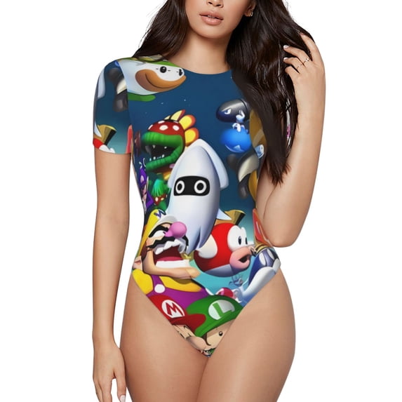 Lsque Mario Women's Crew Neck Short Sleeve Bodysuit Basic T Shirts Tops Onesie Adult Cute Pajama-XX-Large