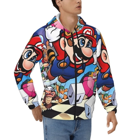 Lsque Mario for Mens Full-zip Hoodie, Zip-up Pullover Hooded Sweatshirt, Kangaroo Pocket Hoodie Ideal for Daily Wear, Travel, and Home-3X-Large