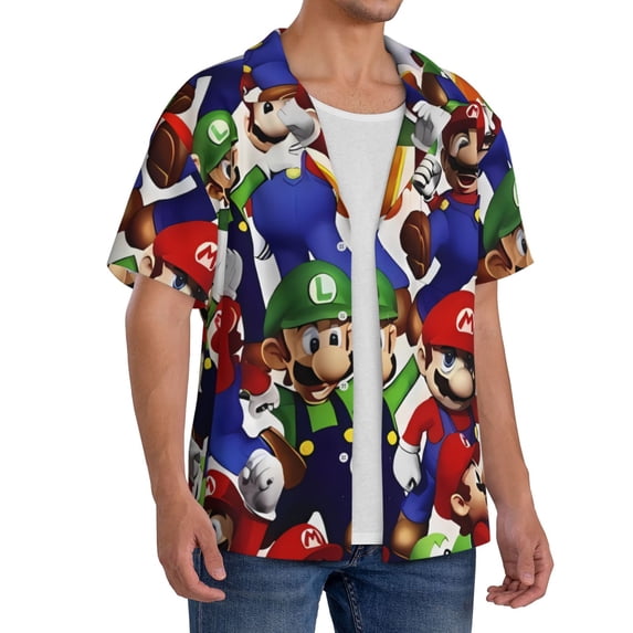 Lsque Mario print Men's Cuban Collar Short Sleeve Shirt Summer Beachwear Casual Button Down Fashionable Vacation Leisure Shirt-3X-Large