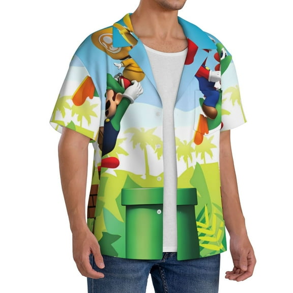 Lsque Mario print Men's Cuban Collar Short Sleeve Shirt Summer Beachwear Casual Button Down Fashionable Vacation Leisure Shirt-Large