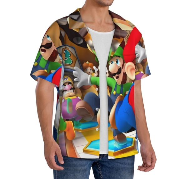 Lsque Mario print Men's Cuban Collar Short Sleeve Shirt Summer Beachwear Casual Button Down Fashionable Vacation Leisure Shirt-Medium