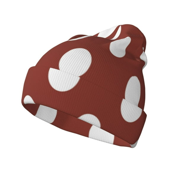 Lsque Maroon And White Polka Dot Pattern Knitted Beanie, Unisex Winter Hat, Knit Hat Winter Beanies Thick Fisherman Beanies Cuffed Plain Skull Caps