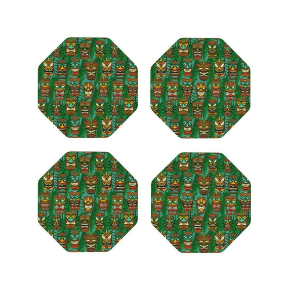 Lsque Mask And Palm Leaves Pattern 4" Drink Coasters Set of 4, PVC Leather Absorbent Coasters, Table Coaster Set Decorative Coffee Cup Coasters Housewarming Gift -Octagon