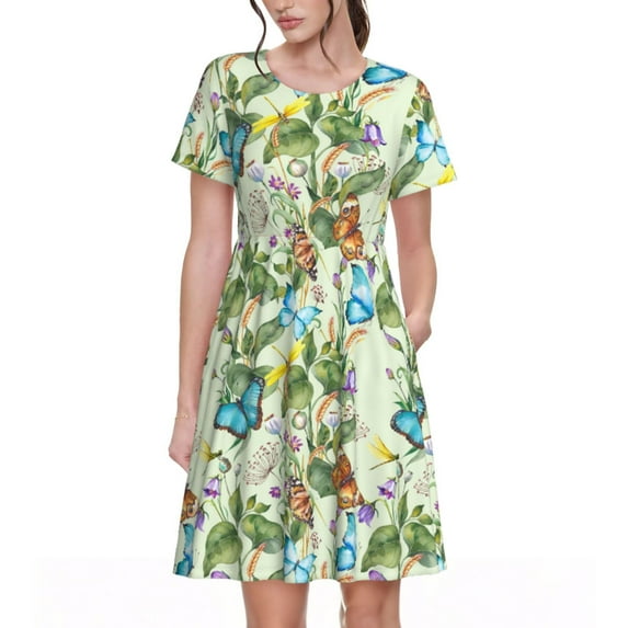 Lsque Meadow Plants And Butterflies Print Women's Casual Dress T-Shirt Summer Short Sleeve Scoop Neck Swing Dresses