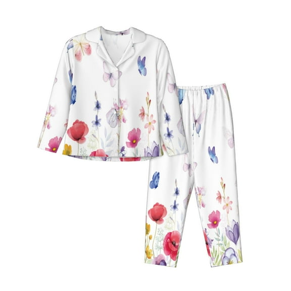 Lsque Meadow flowers with butterfly Pattern Long Sleeve Pajama Set for Women - Soft 2-Piece Sleepwear and Loungewear Set with Pockets, Comfy Nightwear-Large