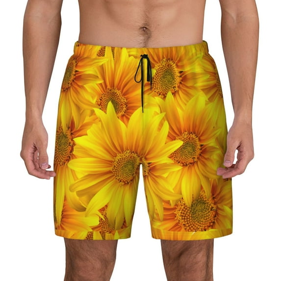 Lsque Mens Swim Trunks 3D Sunflowers Pattern - Bathing Suit Compression Liner - Beach Swim Shorts Swimwear - (S-3XL) - Stretch Quick Dry -Medium