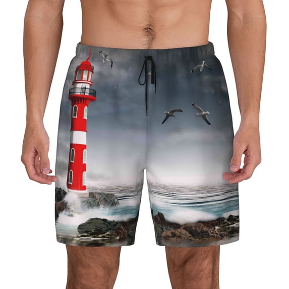 Lsque Mens Swim Trunks 3d Lighthouse in the Surf Pattern - Bathing Suit Compression Liner - Beach Swim Shorts Swimwear - (S-3XL) - Stretch Quick Dry -X-Large
