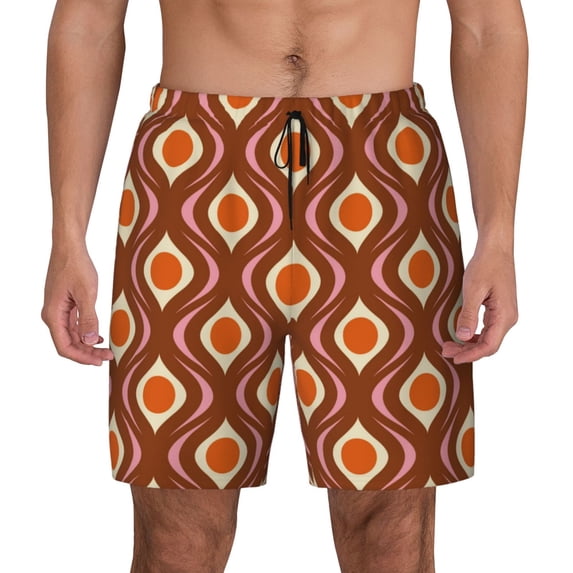 Lsque Mens Swim Trunks 70's Retro Pattern - Bathing Suit Compression Liner - Beach Swim Shorts Swimwear - (S-3XL) - Stretch Quick Dry -Large