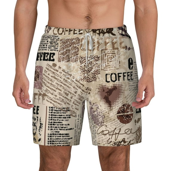 Lsque Mens Swim Trunks Abstract Coffee Pattern With Letters Pattern - Bathing Suit Compression Liner - Beach Swim Shorts Swimwear - (S-3XL) - Stretch Quick Dry -Large