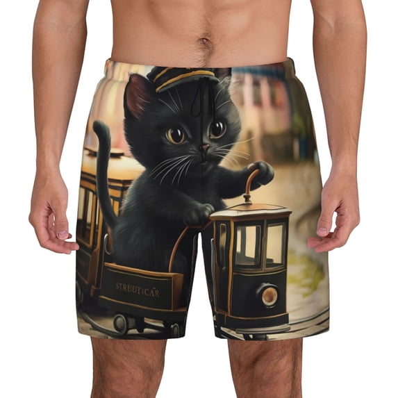 Lsque Mens Swim Trunks Adorable Kitten On Mini Train Pattern - Bathing Suit Compression Liner - Beach Swim Shorts Swimwear - (S-3XL) - Stretch Quick Dry -X-Large