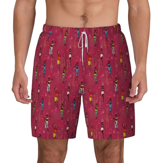 Lsque Mens Swim Trunks African Women Bearing Clay Pots Pattern - Bathing Suit Compression Liner - Beach Swim Shorts Swimwear - (S-3XL) - Stretch Quick Dry -Medium