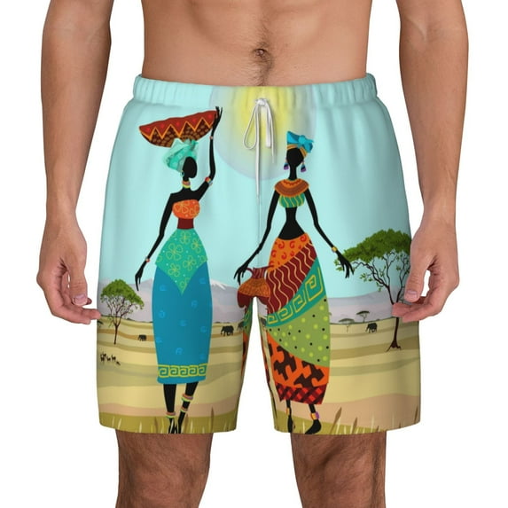 Lsque Mens Swim Trunks African Women Pattern - Bathing Suit Compression Liner - Beach Swim Shorts Swimwear - (S-3XL) - Stretch Quick Dry -3X-Large