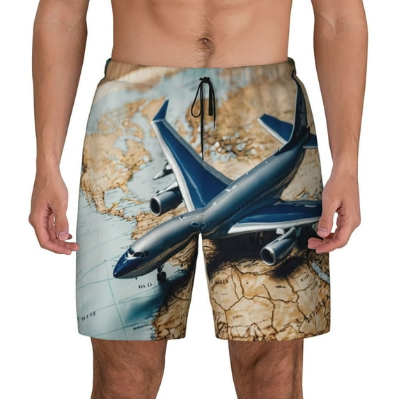 Lsque Mens Swim Trunks Airplane World Map Adventure Pattern - Bathing Suit Compression Liner - Beach Swim Shorts Swimwear - (S-3XL) - Stretch Quick Dry -Large