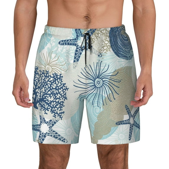 Lsque Mens Swim Trunks Algae Corals and Seashells Pattern - Bathing Suit Compression Liner - Beach Swim Shorts Swimwear - (S-3XL) - Stretch Quick Dry -XX-Large