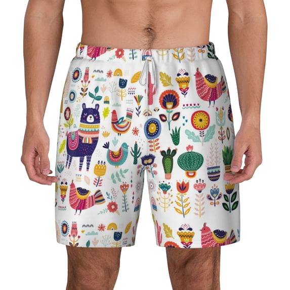 Lsque Mens Swim Trunks Alpaca Flower Pattern - Bathing Suit Compression Liner - Beach Swim Shorts Swimwear - (S-3XL) - Stretch Quick Dry -Small