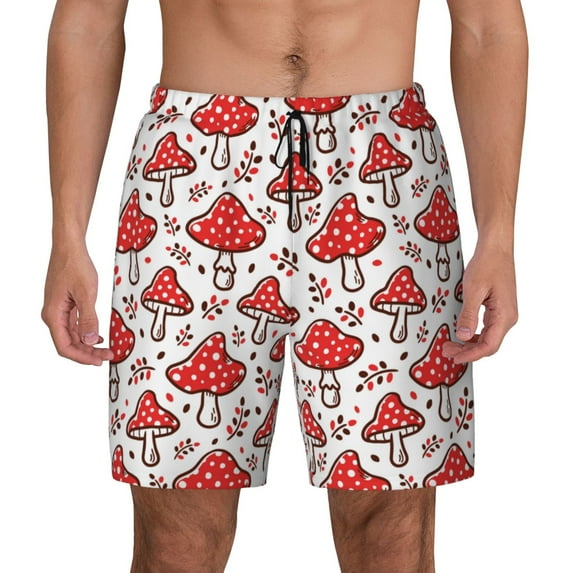 Lsque Mens Swim Trunks Amanita Red Mushroom Pattern - Bathing Suit Compression Liner - Beach Swim Shorts Swimwear - (S-3XL) - Stretch Quick Dry -Large