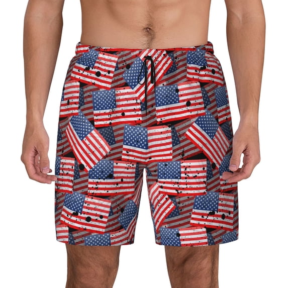 Lsque Mens Swim Trunks America Flags1 Pattern - Bathing Suit Compression Liner - Beach Swim Shorts Swimwear - (S-3XL) - Stretch Quick Dry -