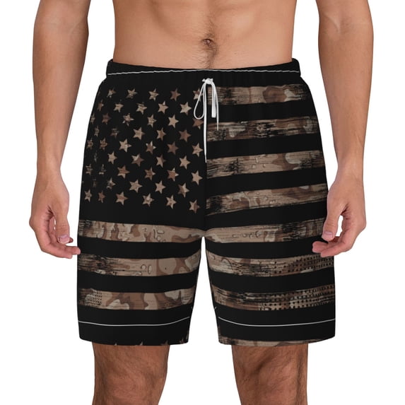 Lsque Mens Swim Trunks American Flag with Desert Camouflage Pattern - Bathing Suit Compression Liner - Beach Swim Shorts Swimwear - (S-3XL) - Stretch Quick Dry -Small