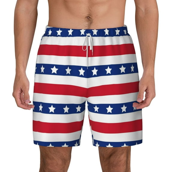 Lsque Mens Swim Trunks American Patriotic Stars And Stripes Pattern - Bathing Suit Compression Liner - Beach Swim Shorts Swimwear - (S-3XL) - Stretch Quick Dry -Large