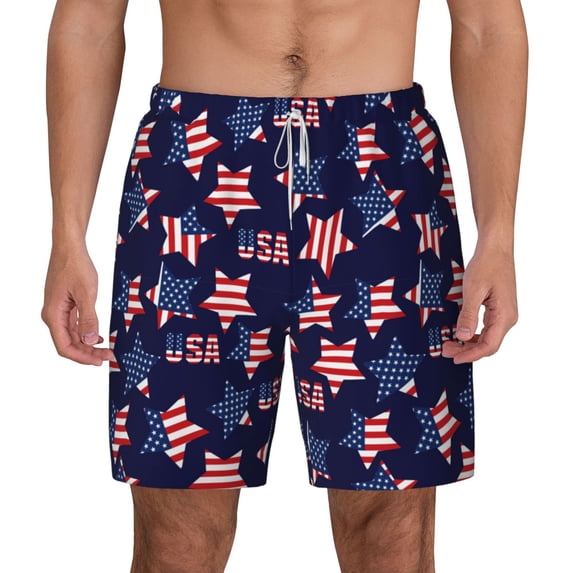 Lsque Mens Swim Trunks American Stars Pattern - Bathing Suit Compression Liner - Beach Swim Shorts Swimwear - (S-3XL) - Stretch Quick Dry -Medium