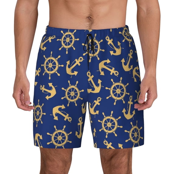 Lsque Mens Swim Trunks Anchors and Nautical Pattern - Bathing Suit Compression Liner - Beach Swim Shorts Swimwear - (S-3XL) - Stretch Quick Dry -Large