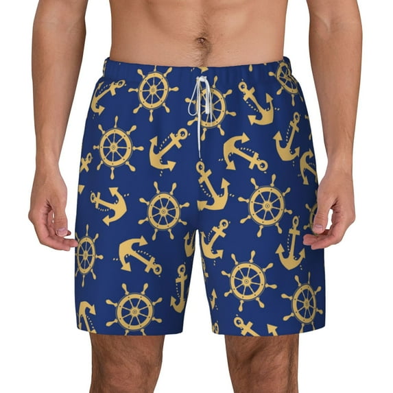 Lsque Mens Swim Trunks Anchors and Nautical Pattern - Bathing Suit Compression Liner - Beach Swim Shorts Swimwear - (S-3XL) - Stretch Quick Dry -XX-Large
