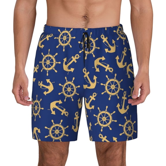 Lsque Mens Swim Trunks Anchors and Nautical Pattern - Bathing Suit Compression Liner - Beach Swim Shorts Swimwear - (S-3XL) - Stretch Quick Dry -Small