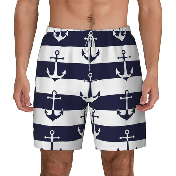 Lsque Mens Swim Trunks Anchors Pattern - Bathing Suit Compression Liner - Beach Swim Shorts Swimwear - (S-3XL) - Stretch Quick Dry -Small