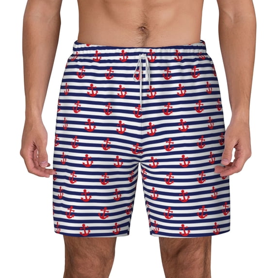 Lsque Mens Swim Trunks Anchors Pattern - Bathing Suit Compression Liner - Beach Swim Shorts Swimwear - (S-3XL) - Stretch Quick Dry -X-Large