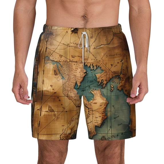 Lsque Mens Swim Trunks Antique Map Adventure Scene Pattern - Bathing Suit Compression Liner - Beach Swim Shorts Swimwear - (S-3XL) - Stretch Quick Dry -XX-Large
