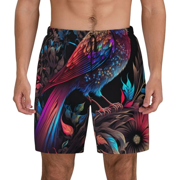 Lsque Mens Swim Trunks Artistic Colorful Bird Pattern - Bathing Suit Compression Liner - Beach Swim Shorts Swimwear - (S-3XL) - Stretch Quick Dry -Small