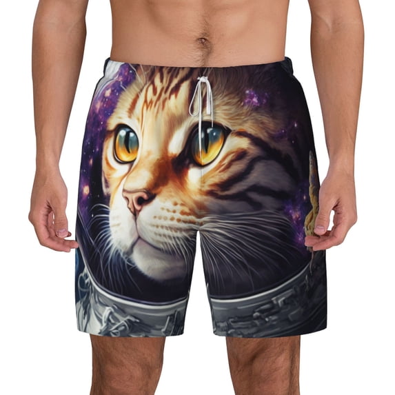 Lsque Mens Swim Trunks Astronaut Cat Pattern - Bathing Suit Compression Liner - Beach Swim Shorts Swimwear - (S-3XL) - Stretch Quick Dry -Small