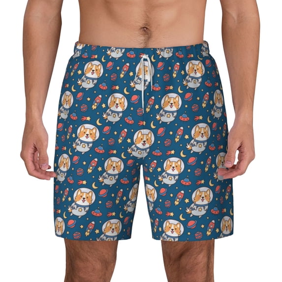 Lsque Mens Swim Trunks Astronaut Corgi Dog Pattern - Bathing Suit Compression Liner - Beach Swim Shorts Swimwear - (S-3XL) - Stretch Quick Dry -3X-Large
