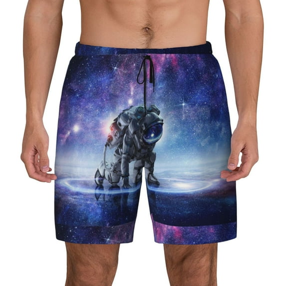 Lsque Mens Swim Trunks Astronauts Start Running Pattern - Bathing Suit Compression Liner - Beach Swim Shorts Swimwear - (S-3XL) - Stretch Quick Dry -Small