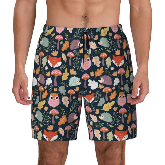 Lsque Mens Swim Trunks Autumn Fox Owl Pattern - Bathing Suit Compression Liner - Beach Swim Shorts Swimwear - (S-3XL) - Stretch Quick Dry -Medium