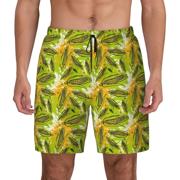Lsque Mens Swim Trunks Autumn Harvest Cartoon Corn Pattern - Bathing Suit Compression Liner - Beach Swim Shorts Swimwear - (S-3XL) - Stretch Quick Dry -