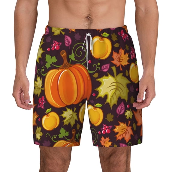 Lsque Mens Swim Trunks Autumn Harvest Pumpkin Joy Pattern - Bathing Suit Compression Liner - Beach Swim Shorts Swimwear - (S-3XL) - Stretch Quick Dry -Small